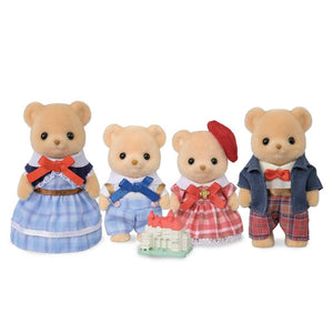 Calico Critters bear family figures in traditional dress - mother in blue dress, father in plaid suit, children