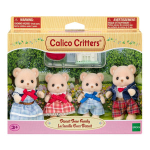 Calico Critters Biscuit Bear Family set with four plush bears in colorful outfits inside retail packaging