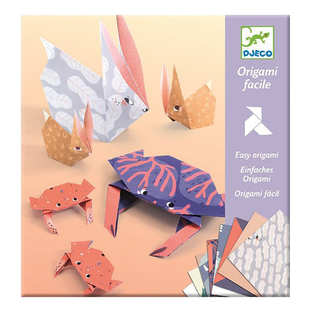 DJECO origami facile animal family kit showing folded paper rabbits, crabs, and elephant with patterned sheets