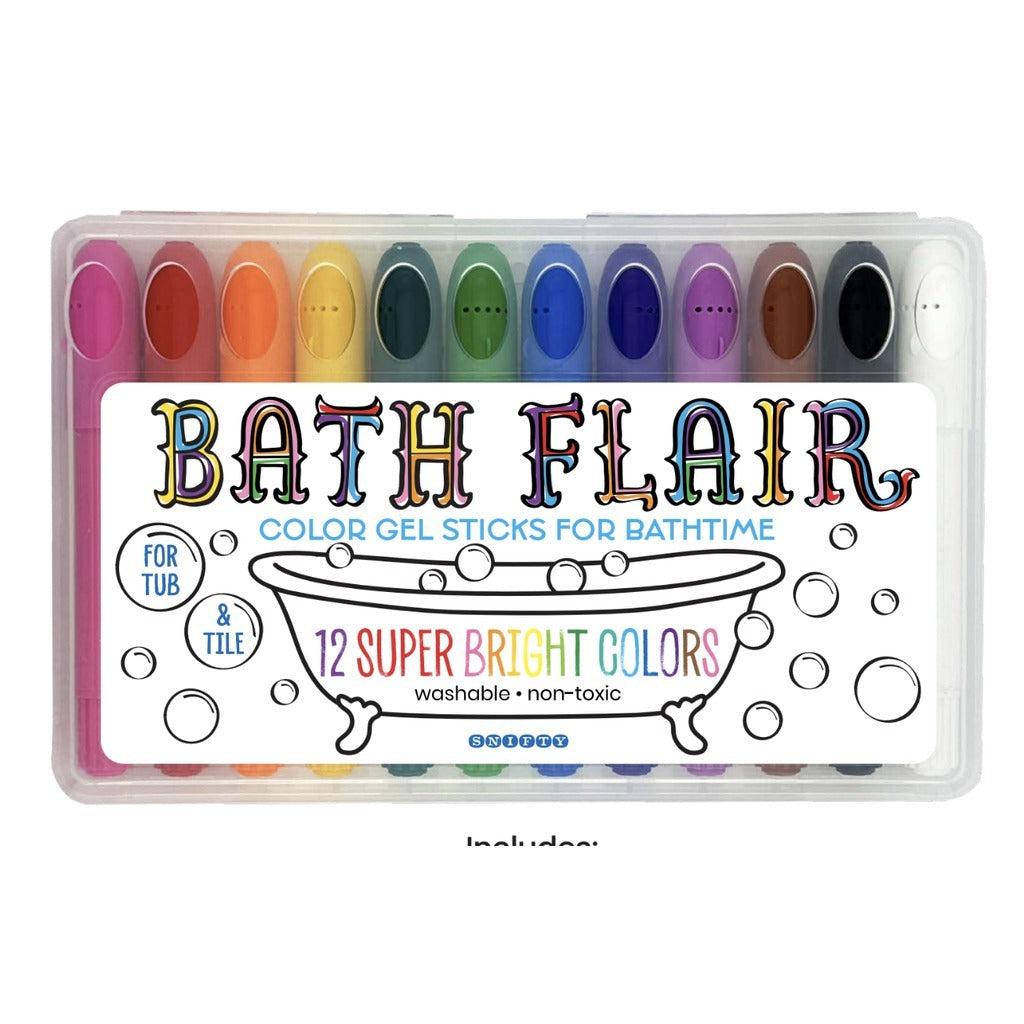 Snifty Bath Flair gel sticks in clear case showing 12 bright colors from pink to black with bathtub illustration