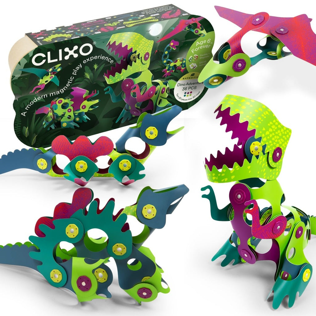 CLIXO Dino Adventure magnetic building set with colorful dinosaur models and packaging, 36 pieces