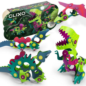 CLIXO Dino Adventure magnetic building set with colorful dinosaur models and packaging, 36 pieces