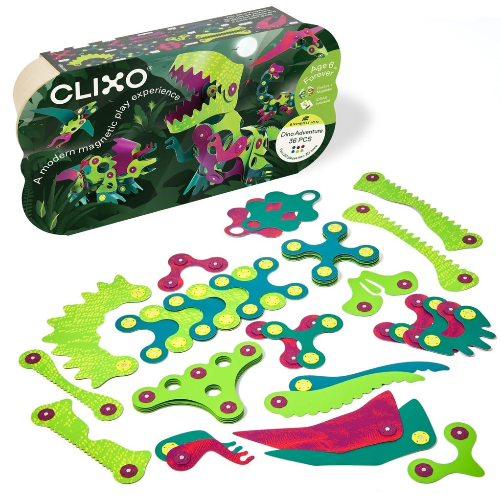 CLIXO Dino Adventure magnetic building set with green, teal, and pink flexible pieces arranged as dinosaur shapes