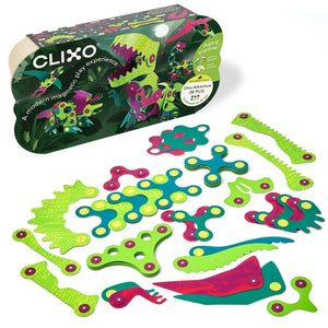 CLIXO Dino Adventure magnetic building set with green, teal, and pink flexible pieces arranged as dinosaur shapes