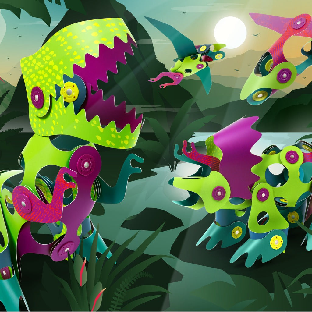 CLIXO magnetic building pieces assembled into colorful dinosaurs with bright green, purple and teal flexible tiles