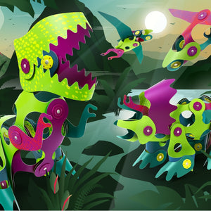 CLIXO magnetic building pieces assembled into colorful dinosaurs with bright green, purple and teal flexible tiles