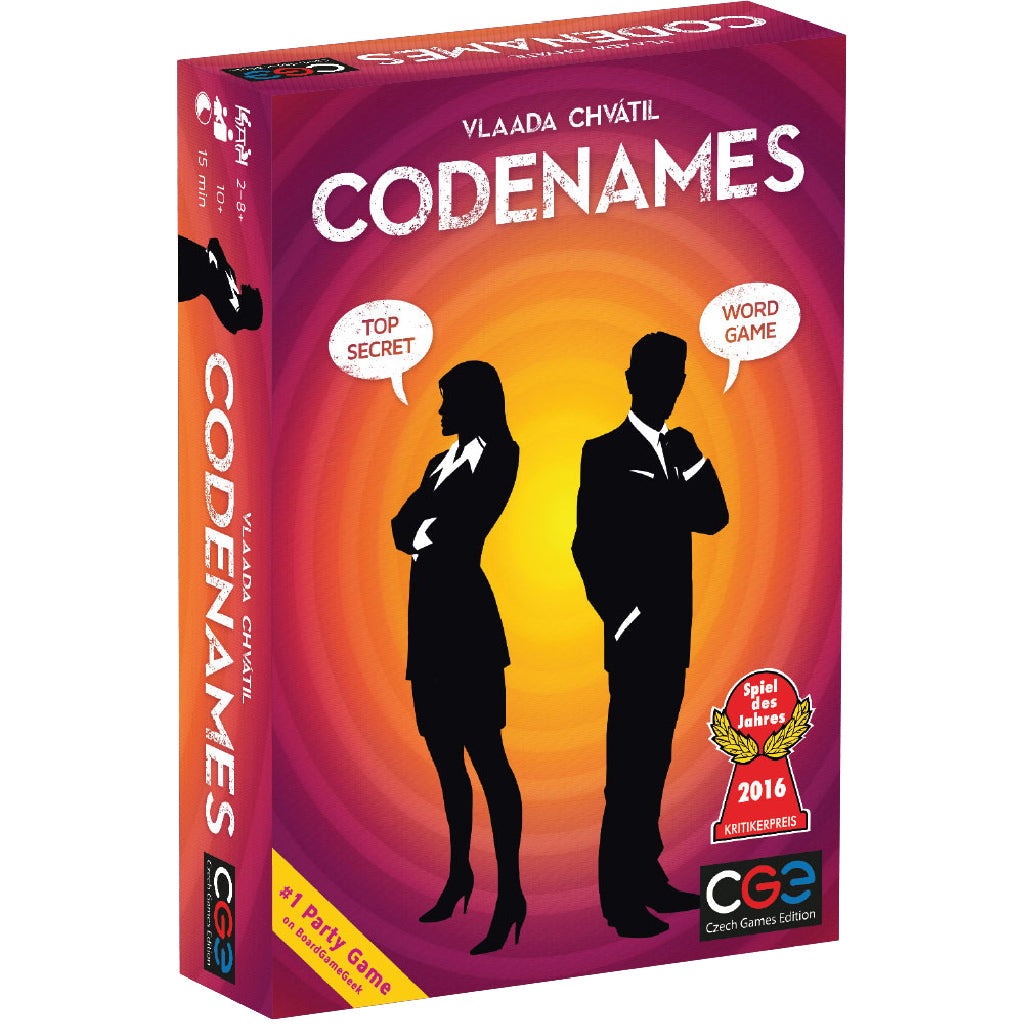 Codenames board game box with orange-purple gradient background featuring spy silhouettes and word game branding