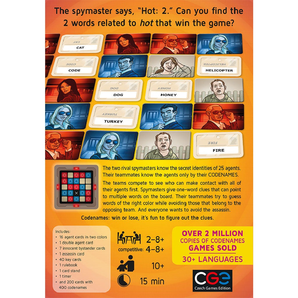 Codenames board game box showing spy-themed grid cards with words, agent illustrations, and game components