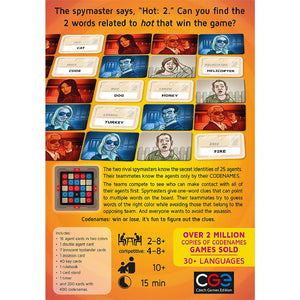 Codenames board game box showing spy-themed grid cards with words, agent illustrations, and game components