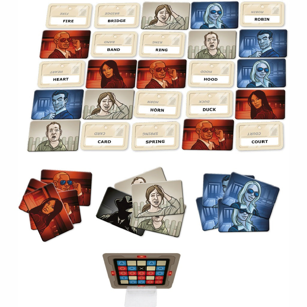 Codenames word-guessing board game showing character cards in red, blue and beige, code cards, and grid board