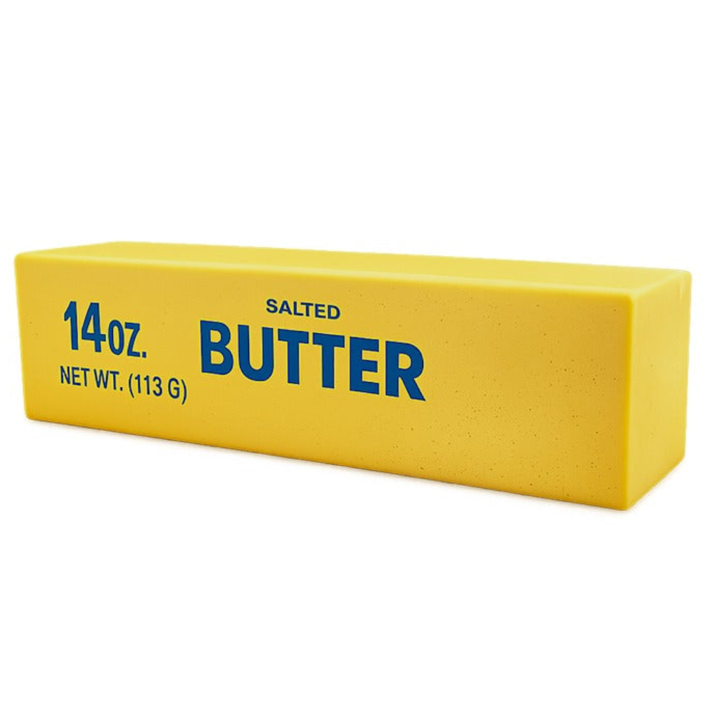 Jumbo yellow squishy slow-rise butter stick toy with blue salted butter label text, realistic food-shaped novelty squish toy