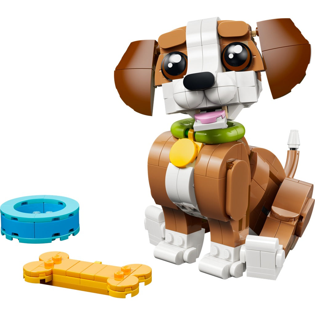 LEGO Creator brown and white puppy dog build with floppy ears, pink tongue, collar, plus blue water bowl and bone