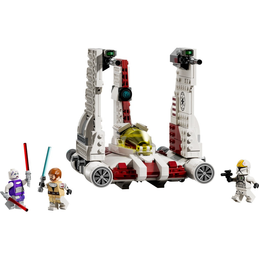 LEGO Star Wars Republic Attack Gunship with white and red hull, opening cockpit, three minifigures with lightsabers