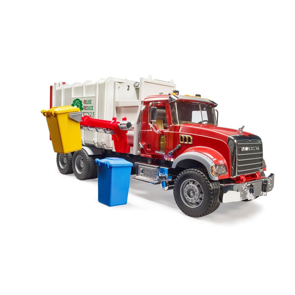 Red Mack Granite garbage truck toy with side loading arm, white recycling compartment, yellow and blue bins