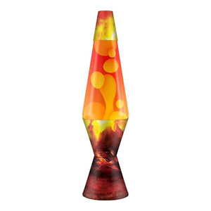 Schylling lava lamp with volcanic crater design featuring orange wax bubbles in red liquid with fiery base