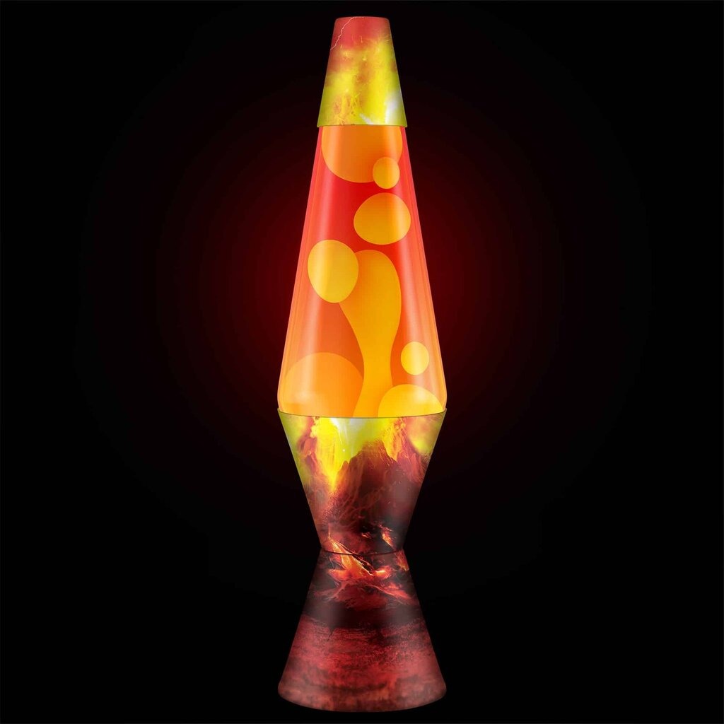 Schylling lava lamp with volcanic crater design featuring orange and yellow bubbling wax in conical glass tube