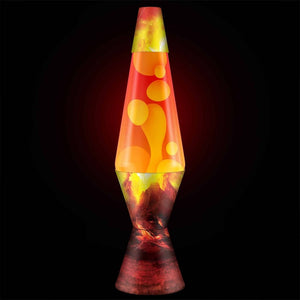 Schylling lava lamp with volcanic crater design featuring orange and yellow bubbling wax in conical glass tube