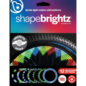 Shape Brightz bicycle spoke lights showing colorful LED patterns on wheel with 12 selectable designs packaging