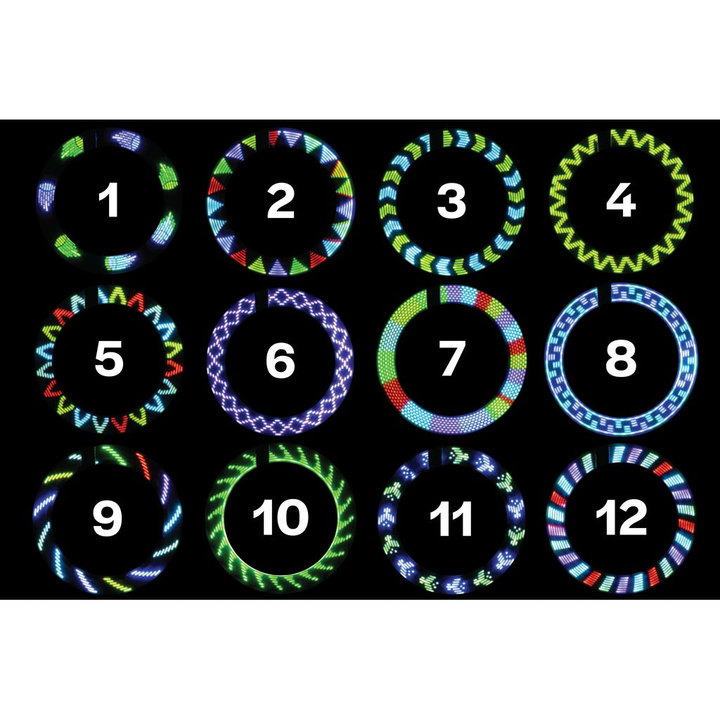 Twelve colorful LED bicycle wheel lights displaying various geometric patterns in blue, green, red colors