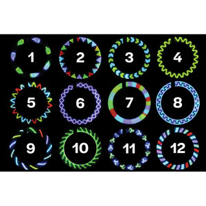 Twelve colorful LED bicycle wheel lights displaying various geometric patterns in blue, green, red colors