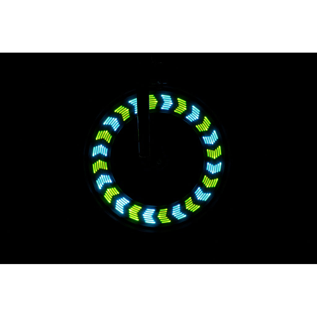 Bike Brightz circular LED bicycle wheel light displaying alternating blue and green illuminated segments