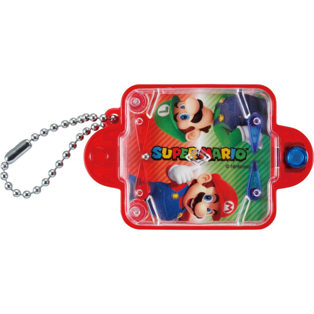 Red handheld Super Mario micro game with Luigi and Mario characters, clear plastic case with silver chain